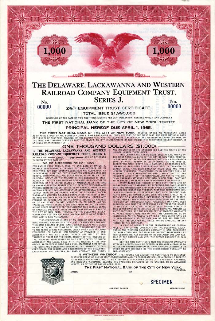 Delaware, Lackawanna and Western Railroad Co. Equipment Trust, Series J Bond